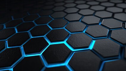 Dark hexagonal pattern with glowing blue lines between the shapes