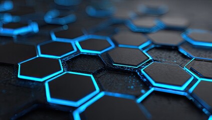 Futuristic hexagonal grid with glowing blue edges on a dark textured surface
