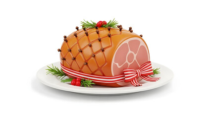 Festive christmas ham presentation with clove, ribbon, and greenery for holiday menus, food blogs, recipe cards, or festive themed designs.