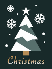 christmas card with tree and snow flower. Color green, white. Simple design