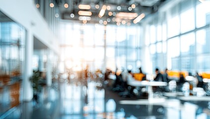 Obraz premium Blurred bright office interior with people working at tables