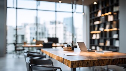 Modern office interior with wooden desk, laptop, and shelves