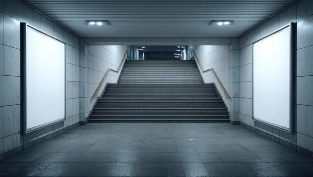 Dimly lit concrete underpass leading to a long staircase