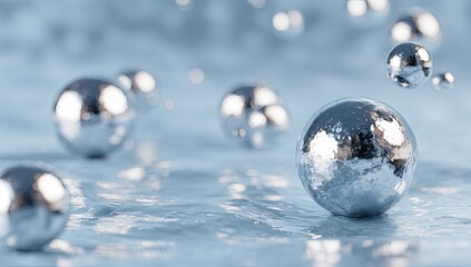 Abstract metallic spheres floating on shimmering blue liquid