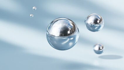 Gleaming metallic spheres suspended in a soft, light-blue, shadow-dappled environment