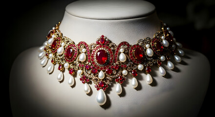 Luxurious Red Gem and Pearl Gold Necklace With Intricate Filigree and Dangling Pearls