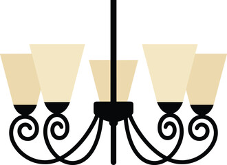 Traditional Chandelier Ceiling Light Fixture: Five-Arm Vector Illustration with Cream Glass Shades and Elegant Black Scrollwork.