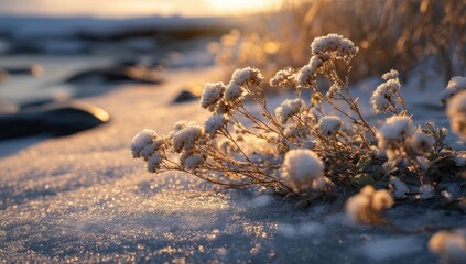 Delicate frosted plants bathed in warm, golden sunrise light by icy water