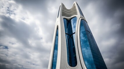A low angle perspective of a futuristic white skyscraper with reflective blue glass windows against a dramatic and cloudy sky