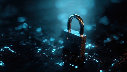 Close-up of a shiny padlock on a dark, digital circuit board background
