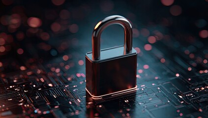 A secure digital padlock rests on a circuit board with glowing lights