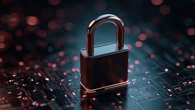 A secure digital padlock rests on a circuit board with glowing lights - Powered by Adobe