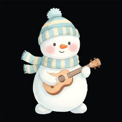 Cute snowman playing ukulele vector watercolor illustration, isolated winter cartoon
