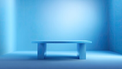 Minimalist blue room with illuminated rectangular platform and soft ambient light