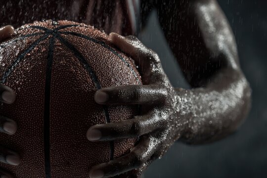 Muscular arms hold a wet basketball, droplets glistening on skin