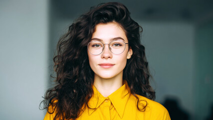 Modern office portrait of young business woman in bright work space, confident and calm mood, natural light, casual style, curly hair, smart glasses, minimal background for clean composition