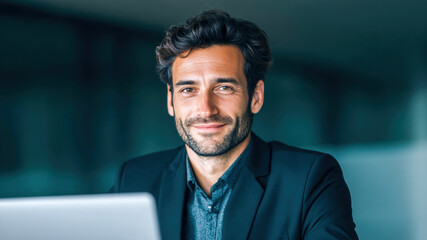 Modern office business portrait of confident professional at work in bright space with natural light and calm focus, contemporary style, clean design, subtle smile, productivity and leadership