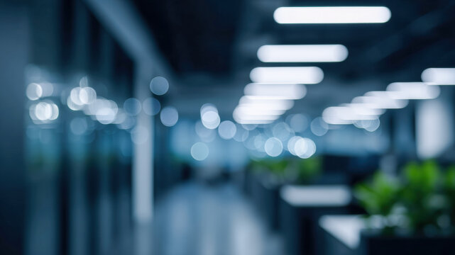 Modern office corridor with soft bokeh lights, business interior design, calm mood, contemporary work culture open space with blur depth and clean lines for corporate background and creative