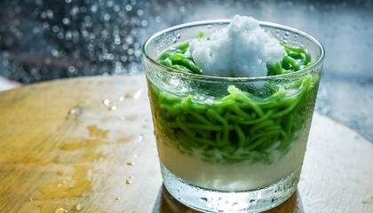 Iced Indonesian es cendol in a clear glass with coconut milk layers, green cendol strands, shaved ice, and natural condensation, captured in bright refreshing lighting. Perfect for drink visuals.