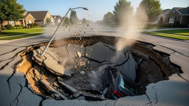 Massive suburban street sinkhole swallowing car and streetlight.