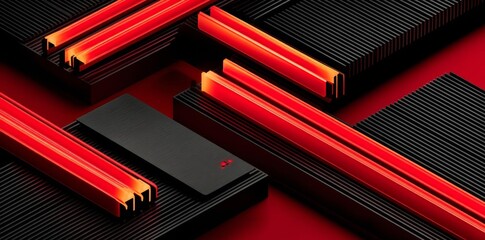 Abstract composition with glowing red lines and dark textured blocks on a vibrant red background.