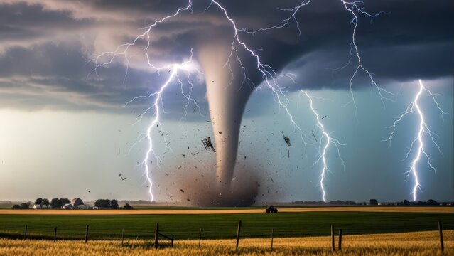 Towering tornado and multiple lightning strikes over rural farmland.