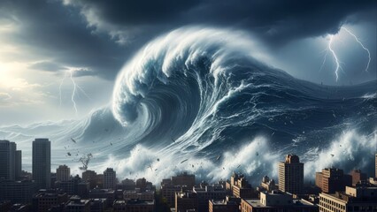 Colossal tsunami wave crashing toward coastal city under stormy skies.