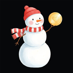 Cute snowman coin collector vector watercolor illustration, isolated winter cartoon character
