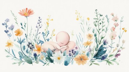 Peaceful newborn illustration surrounded by delicate flowers and greenery in a soft pastel color palette