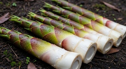 Freshly Harvested Bamboo Shoots Lined Up on Dark Soil.