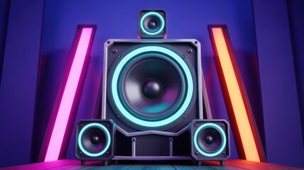 Fototapeta premium Digital Sound Stage: a powerful, cutting-edge speaker system sits at the heart of an immersive audio environment, its sleek design enhanced by neon accents, against a vibrant backdrop.