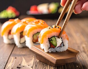 Close-up of sushi rolls with hand using chopsticks