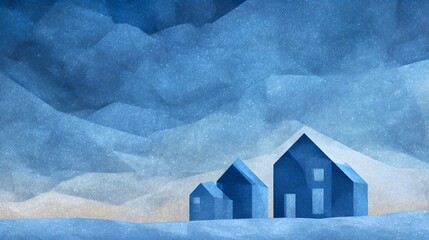 Hand drawn rustic winter village scene with paper texture houses and snowy trees