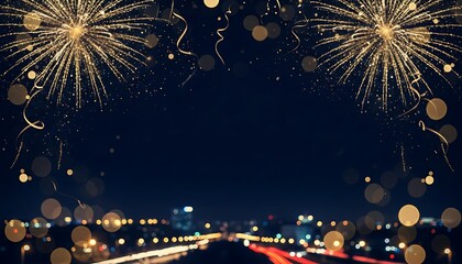 Bright new year celebration fireworks light up the dark city night sky