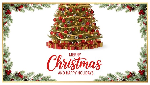 Merry Christmas greeting card featuring a decorated fir tree with red ribbon ornaments and green pine branches on a festive winter holiday border for a New Year celebration season frame - Powered by Adobe