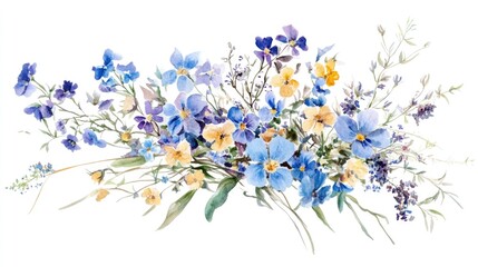 Beautiful Floral Arrangement with Blue and Yellow Flowers in Watercolor Style for Elegant Decorations