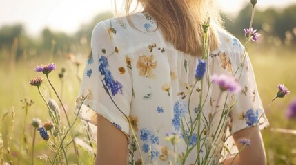 Young Woman in Floral Dress Surrounded by Colorful Wildflowers in a Sunlit Field During Warm Summer Day