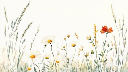 Beautiful Wildflower Meadow with Delicate Yellow and White Flowers and a Touch of Bright Orange Blossom