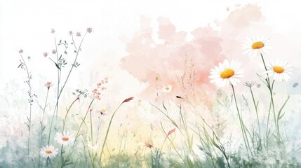 Serene Floral Landscape with Daisies and Wildflowers in Soft Pastel Colors for Gentle Nature Themes
