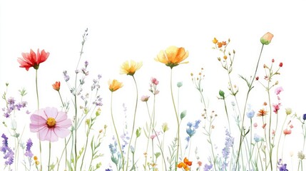 Beautiful Colorful Wildflowers with Watercolor Effect on a White Background for Nature and Floral Designs