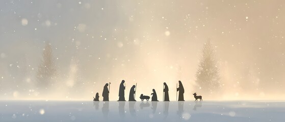Silhouette of the nativity scene with falling snow at sunrise
