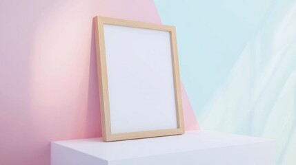 Minimalist Wooden Frame on a Display Stand Against a Colorful Soft Background for Art Presentation