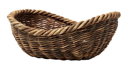 Fototapeta premium Empty woven wicker basket made from natural organic materials, handmade rustic craft on transparent background