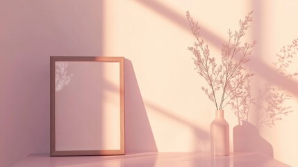 Minimalist interior scene with empty frame, decorative vase, and soft sunlight creating warm ambiance