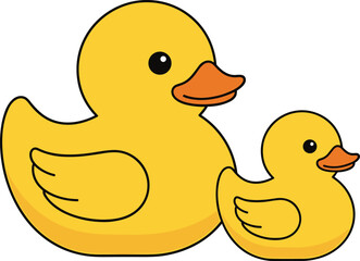 Cartoon rubber ducks, yellow duck illustration, parent child duck clipart, playful bath toy vector, cute animal design, baby theme, simple style, clean background