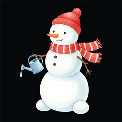 Cute snowman watering a plant, watercolor vector winter illustration, isolated on transparent background
