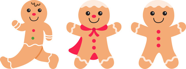 A cute gingerbread character set including running gingerbread, cape hero gingerbread, and classic gingerbread man for festive Christmas holiday illustration.