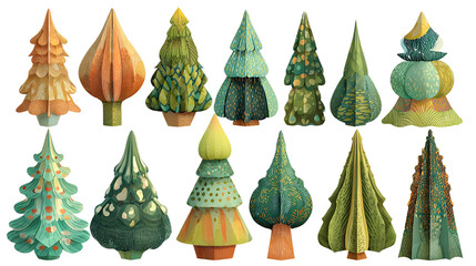 Collection of stylized Christmas trees festive winter holiday decorations isolated on white background.