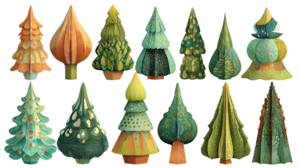 Collection of stylized Christmas trees festive winter holiday decorations isolated on white background.