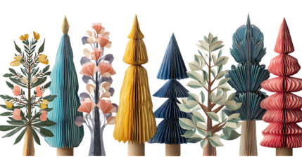 Collection of decorative paper trees whimsical folk art style for holiday and seasonal design isolatated on white background.